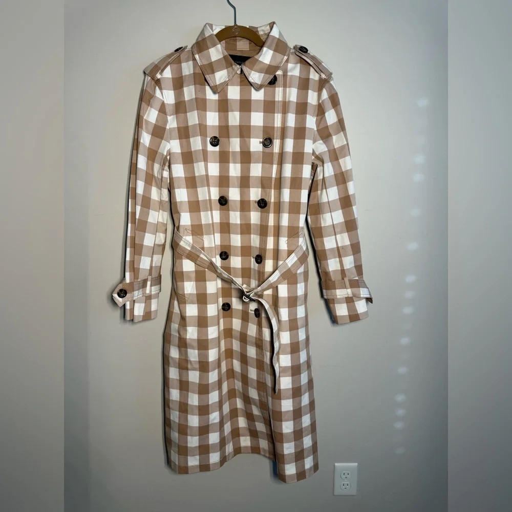 Ann Taylor Trench Coat Womens Medium Tan White Checked Double-Breasted Classic - Picture 2 of 5
